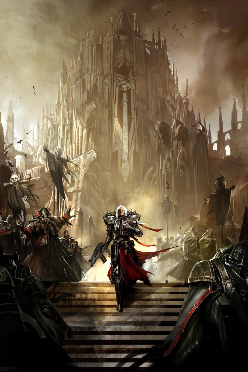 This image depicts the Sisters of Battle in front of one of their warrior cathedrals.