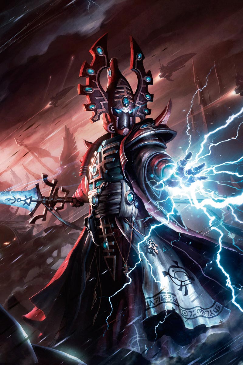 Singing Spear in hand, this Eldar Farseer harnesses the power of the warp, casting lightning from his fingertips to slay an unseen enemy.