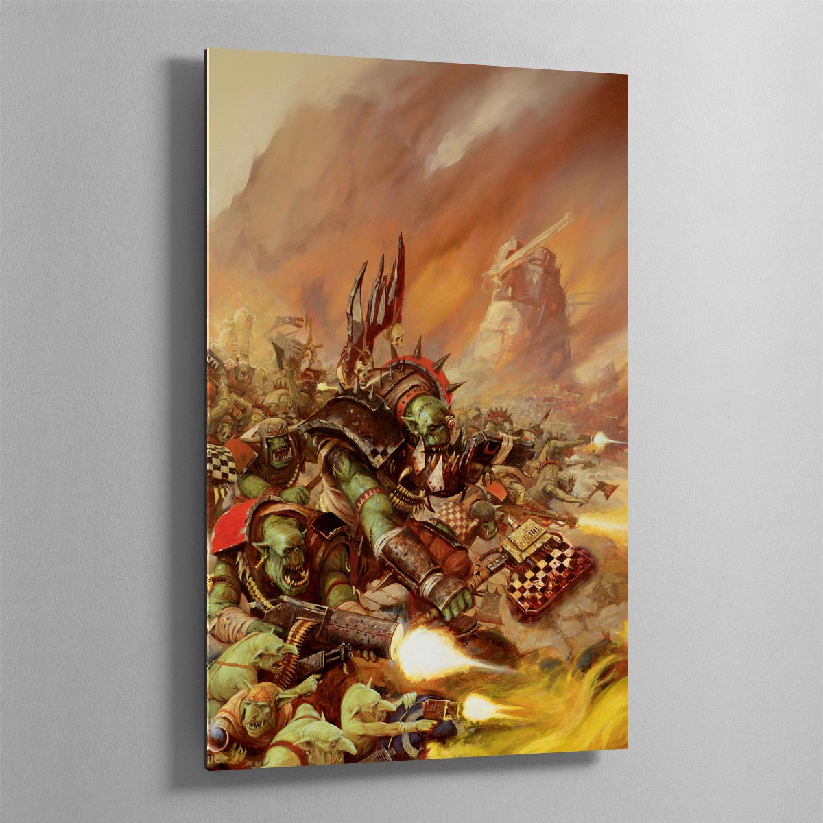 An Ork Warboss leads Orks from the Goff tribe in a Waaagh!