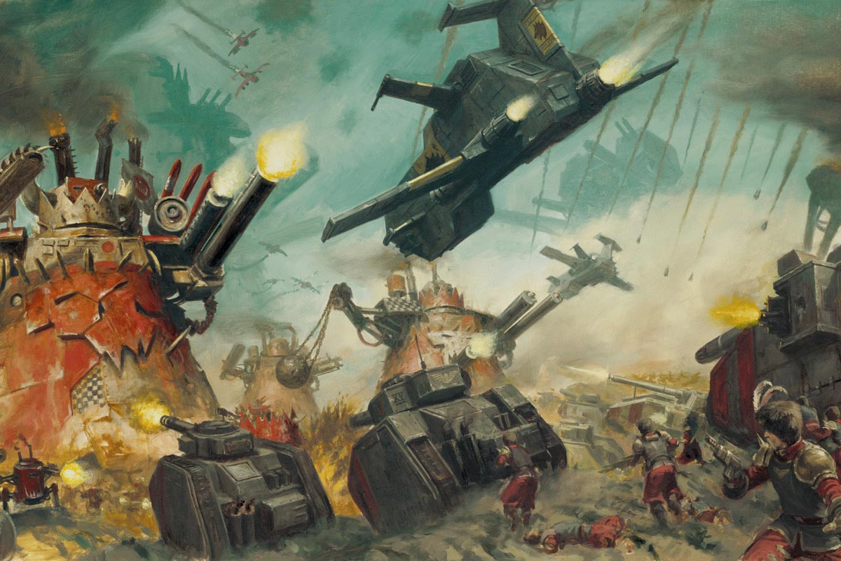 Orks versus Valhallans and Space Wolves.