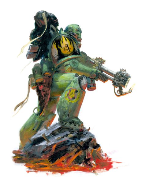 Space Marine of the Salamanders Chapter armed with their trademark flamer.