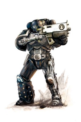 A Space Marine of the Iron Hands Chapter, known for their extensive use of augmetics and bionic implants.