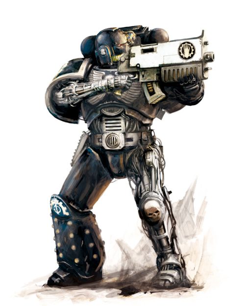A Space Marine of the Iron Hands Chapter, known for their extensive use of augmetics and bionic implants.