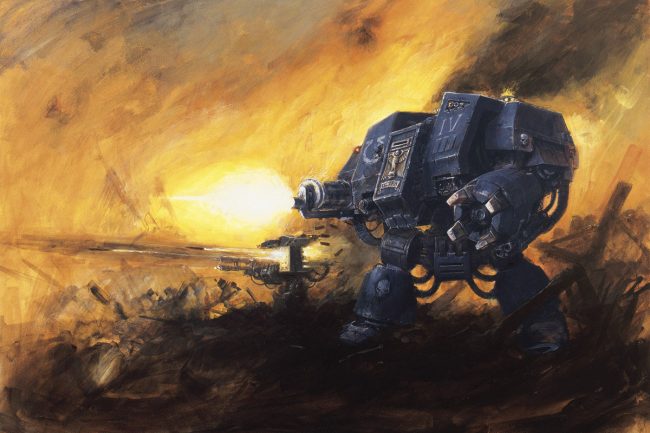 A Space Marine Dreadnought from the Ultramarines Chapter.