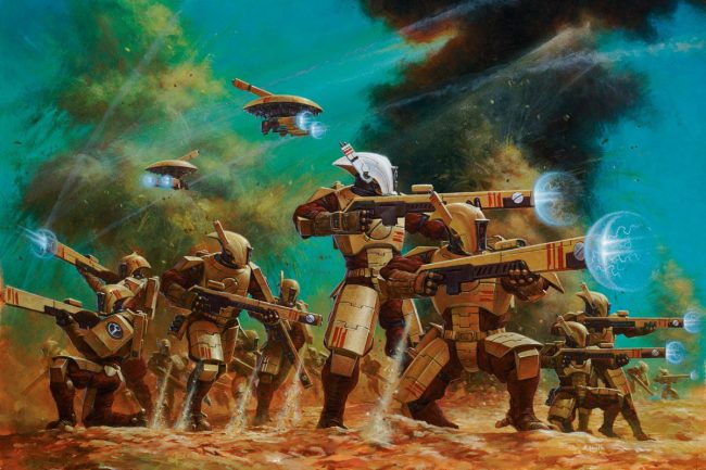 The recon forces of the Tau Empire. Armed with Pulse Carbines and accompanied by hi tech drones, these troops can be found at the forefront of any Tau advance.