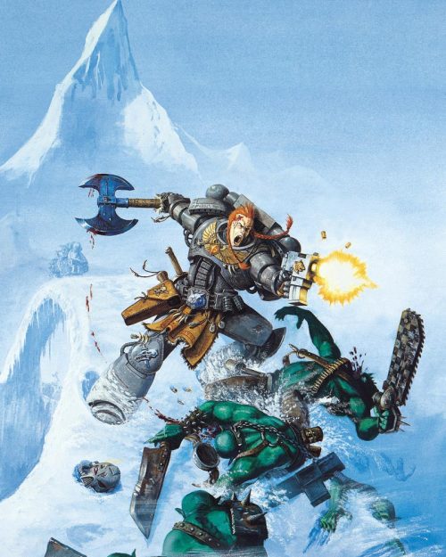 A Space Marine of the Space Wolves attacks some Orks. This image featured on the cover of the third edition Space Wolf Codex.