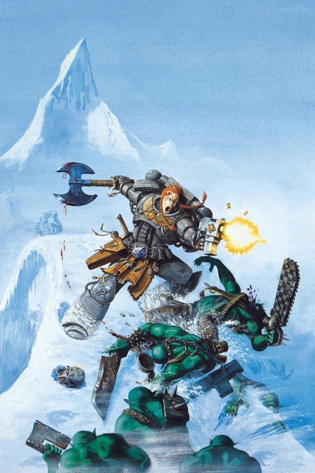 A Space Marine of the Space Wolves attacks some Orks. This image featured on the cover of the third edition Space Wolf Codex.