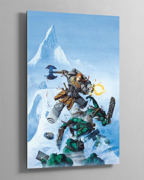 A Space Marine of the Space Wolves attacks some Orks. This image featured on the cover of the third edition Space Wolf Codex.