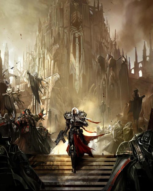 This image depicts the Sisters of Battle in front of one of their warrior cathedrals.