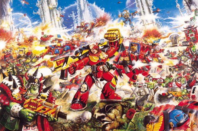 Space Marines from the Blood Angels Chapter face down an overwhelming force of Orks.