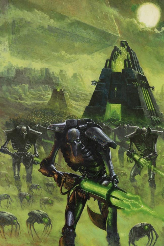 A phalanx of Necron Warriors marches to war. In the background we see a Monolith and other machines of war.