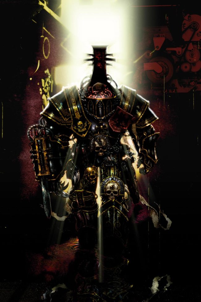 A heavily armoured Inquisitor. This image was created for the cover of the Inquisitor rulebook