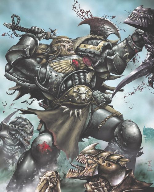 A Space Marine of the Space Wolves Chapter dispatches a brood of Tyranid Hormagaunts.