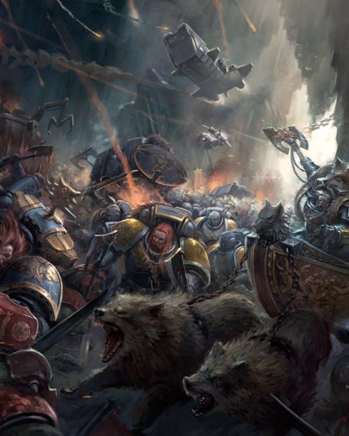 Logan Grimnar rides to battle, surrounded by the mighty Space Wolves.