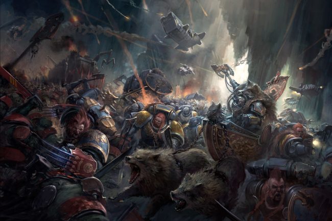 Logan Grimnar rides to battle, surrounded by the mighty Space Wolves.
