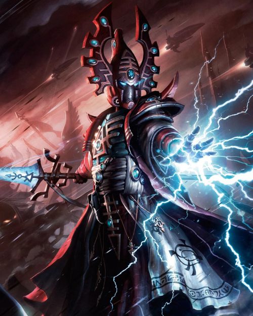 Singing Spear in hand, this Eldar Farseer harnesses the power of the warp, casting lightning from his fingertips to slay an unseen enemy.
