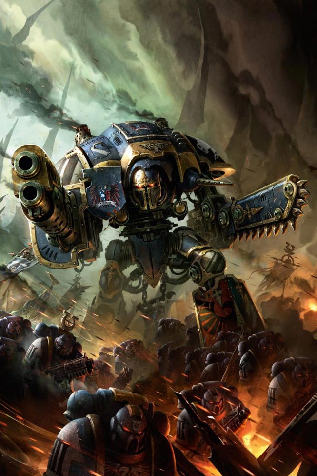 An Imperial Knight of House Terryn accompanies the Ultramarines to war.