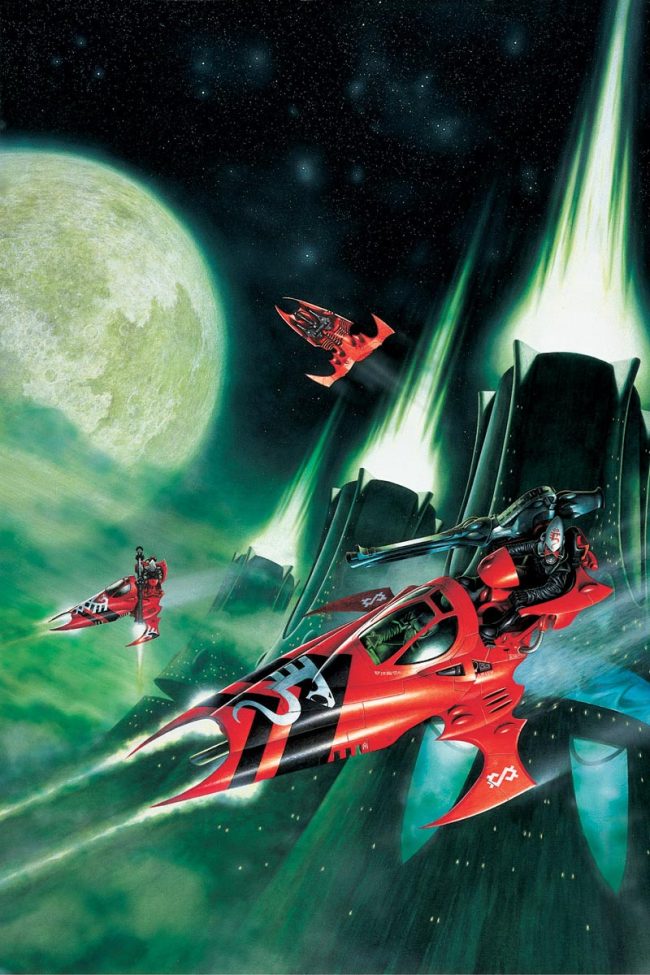 Eldar Vyper Jet Bikes from the Saim Hain Craftworld, this image appeared on the original box cover for this kit.