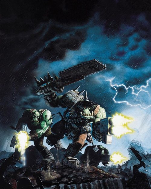 This classic piece of art shows some Ork Boyz doing what they love best, fighting!