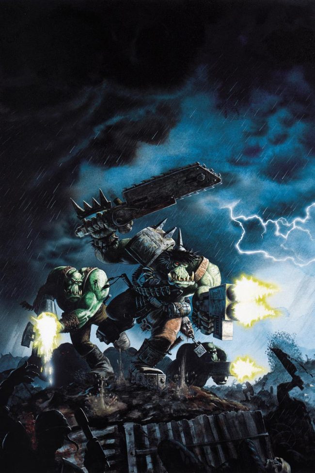 This classic piece of art shows some Ork Boyz doing what they love best, fighting!
