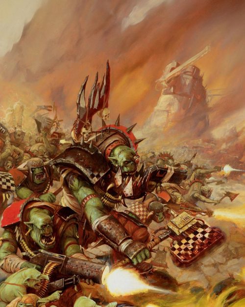An Ork Warboss leads Orks from the Goff tribe in a Waaagh!