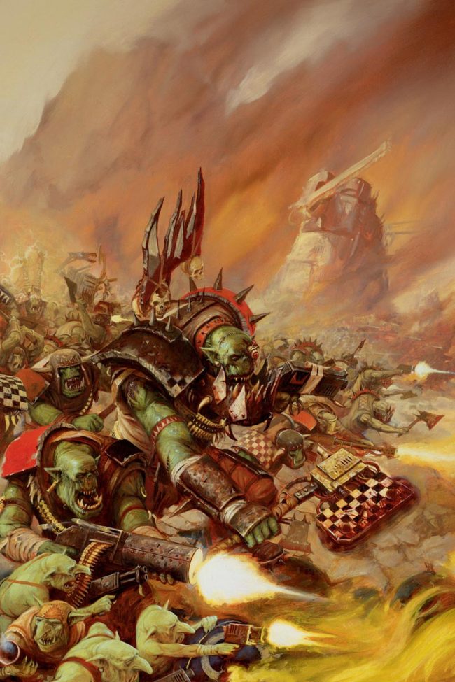 An Ork Warboss leads Orks from the Goff tribe in a Waaagh!
