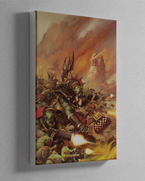 An Ork Warboss leads Orks from the Goff tribe in a Waaagh!