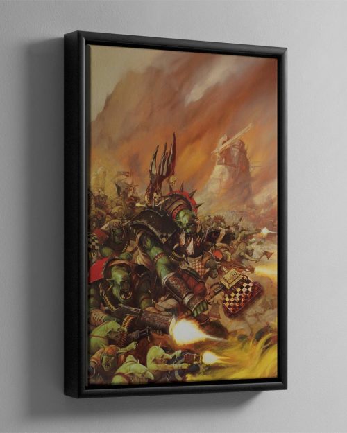 An Ork Warboss leads Orks from the Goff tribe in a Waaagh!