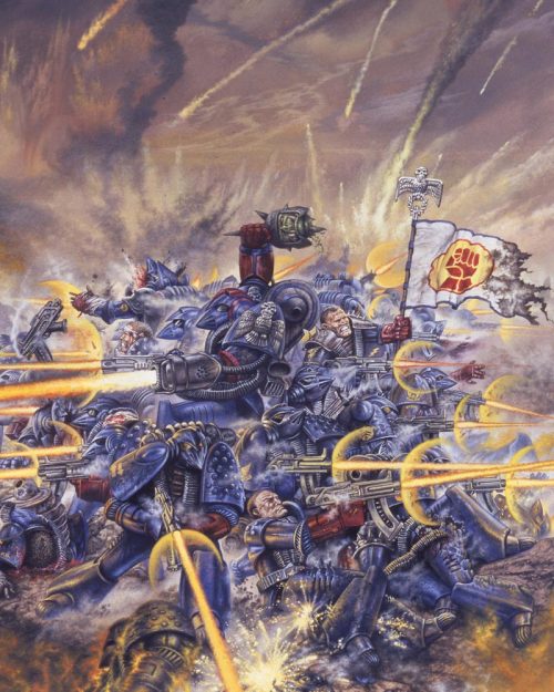 Crimson Fist Space Marines defend a hill from marauding Orks a seminal image from the Warhammer 40,000 universe.